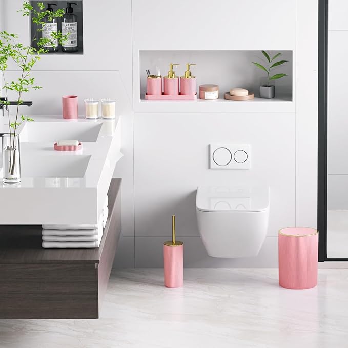 Light Pink Bathroom Accessories Set, 10PC Bathroom Set, Bath Accessory with Pop Up Trash Can, Soap Dispenser, Toilet Brush, Toothbrush Set Qtip Holders & Tray