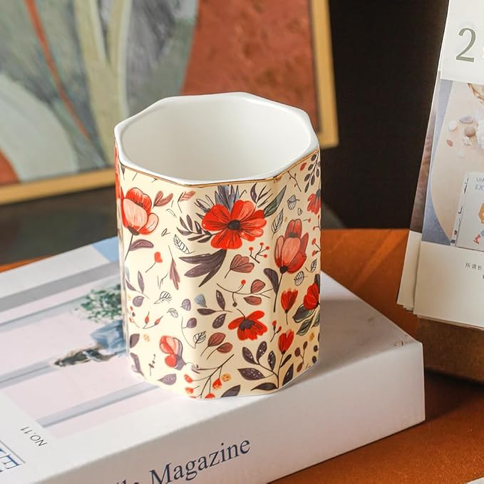 Ceramic Desk Holder Pen Holder Stand Pencil Cup Pot Desk Organizer Makeup Brush Holder (Flower-07)