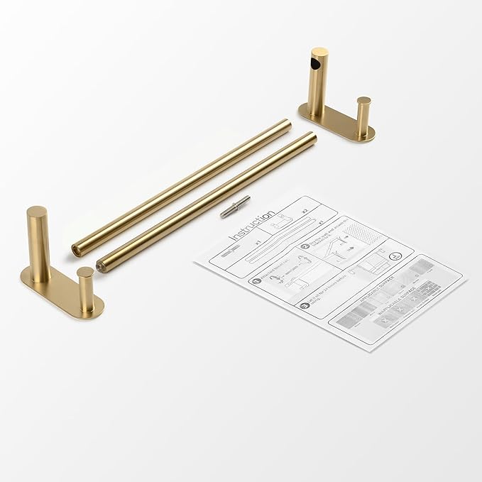 24 Inch Adhesive Towel Bar - Stainless Steel Stick on Towel Rack for Bathroom, No Drilling Towel Holder with 2 Hooks, Brushed Gold