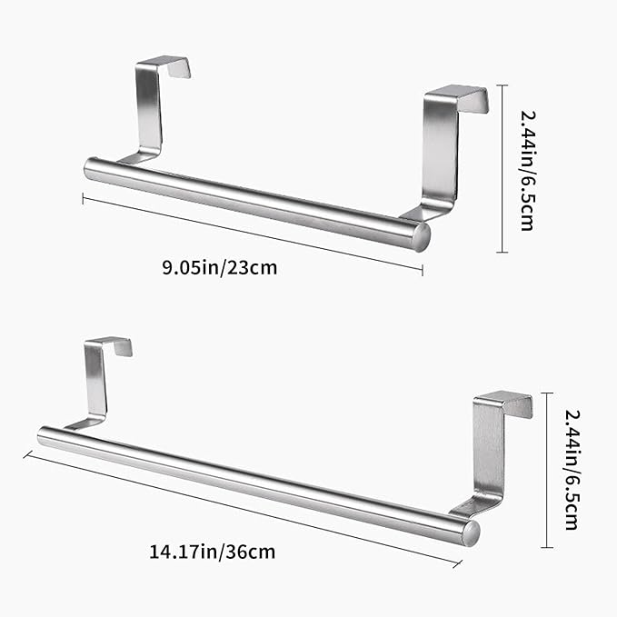 2 Pack Over The Door Towel Rack, Towel Rack for Cabinet, Over Cabinet Towel Holder, Stainless Steel Dual-Side Rack with EVA Pads, No-Tool Mount for Doors ≤0.83" Thick (9.4"/14.2", Brushed Nickel)