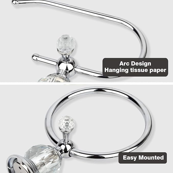 2 Pieces Sets Silver Crystal Series Toilet Paper Holder Wall Mouted Towel Ring, Gold Round Hand Towel Rack Decorative for Bathrooms