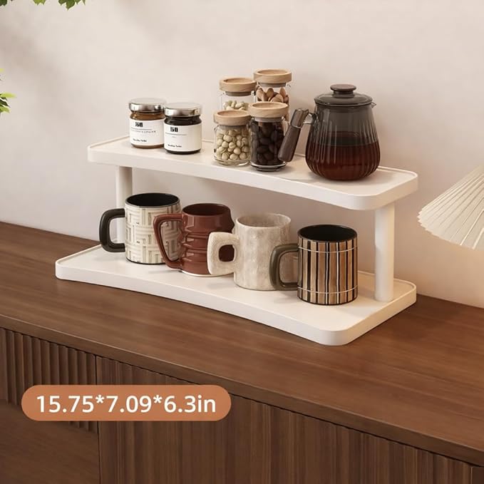 Bamboo Desktop Organizer Shelf – 2-Tier Wooden Storage Rack for Perfume, Makeup, Coffee Mugs – Natural Bamboo Display Stand for Vanity, Bathroom, Office (White, 2)
