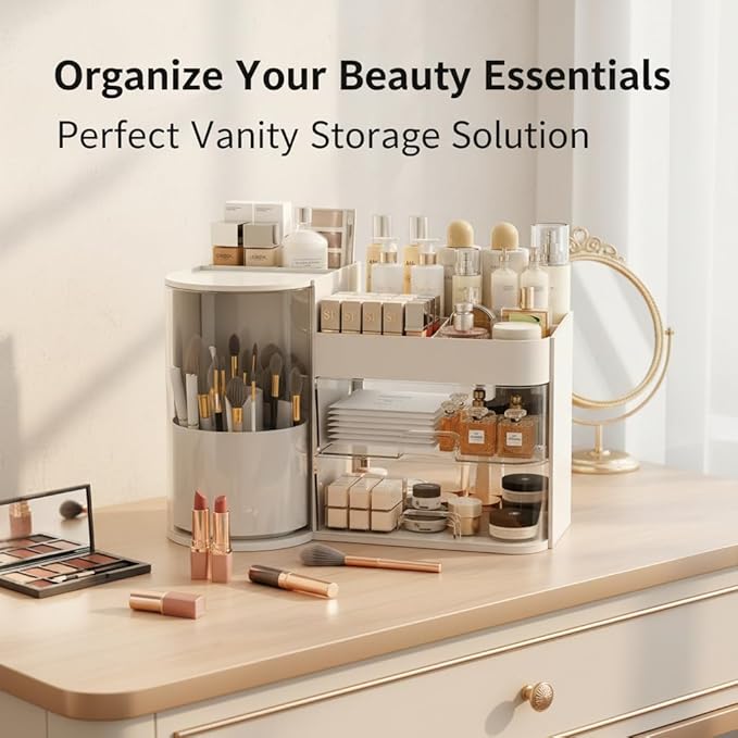 Makeup Organizer with Rotating ,Large Bathroom Countertop Cosmetic Organizer with Brushes Holder,Skincare Storage Organizer,Ideal makeup holder for Skincare,Lipstick and other items (Simple white)