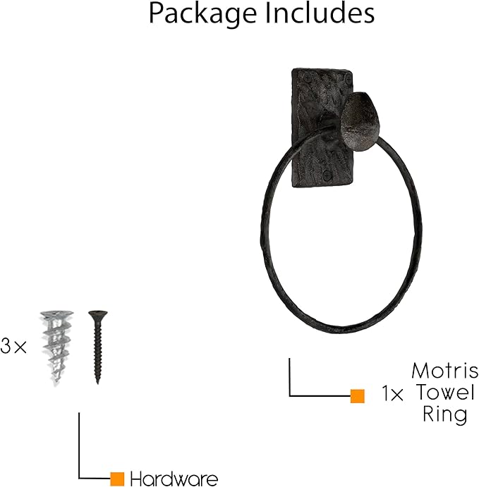 Rustic State Motris Wall Mount Railroad Spike Industrial Design Cast Iron Towel Ring with Hammered Effect Texture for Bathroom and Kitchen - Hand Towel Holder Hanger Rack - Black