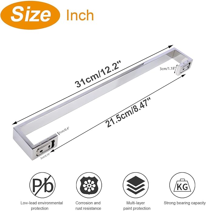 TocTen Bath Towel Rack - Square Base Thicken SUS304 Stainless Steel Towel Bar for Bathroom, Bathroom Bar Accessories Towel Rod Heavy Duty Wall Mounted Towel Holder (Polish Chrome, 12 Inch)