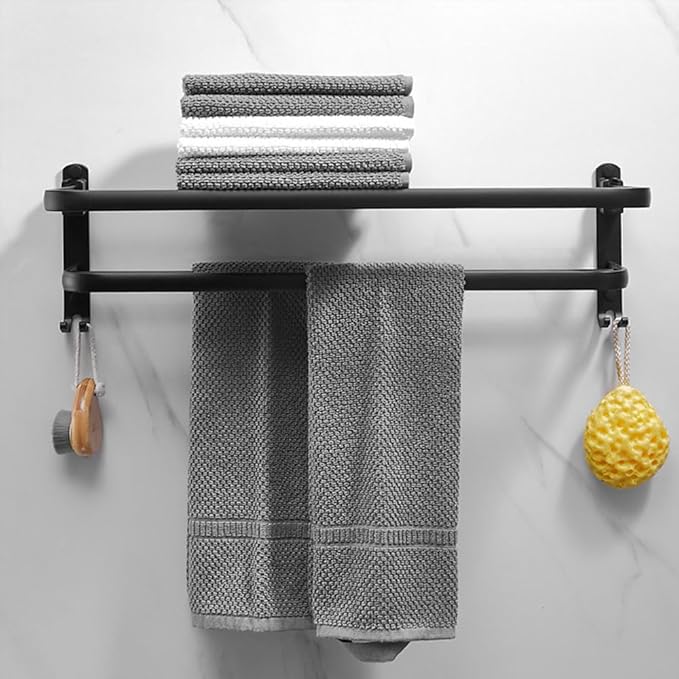 Towel Rack for Bathroom, Bath Towel Holder with Double Towel Bar and Foldable Towel Shelf, Rustproof Towel Organizer Wall Mounted Towel Storage Hanger for Bath/Balcony/Lavatory(16In Black)