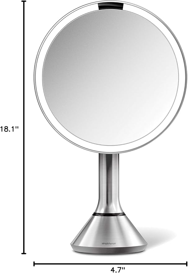 simplehuman Floor Mount 8" Round Sensor Makeup Mirror with Touch-Control Brightness, 5X Magnification, Rechargeable and Cordless, Brushed Stainless Steel