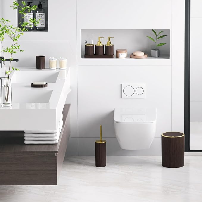 Brown Bathroom Accessories Set, 10PC Bathroom Set, Bath Accessory with Pop Up Trash Can, Soap Dispenser, Toilet Brush, Toothbrush Set Qtip Holders & Tray