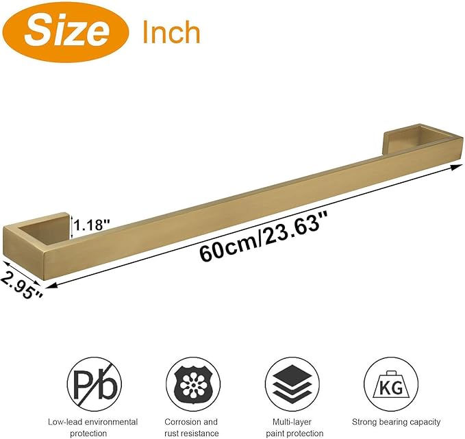 TocTen Bath Towel Rack - Square Base Thicken SUS304 Stainless Steel Towel Bar for Bathroom, Bathroom Bar Accessories Towel Rod Heavy Duty Wall Mounted Towel Holder (Brushed Gold, 24 Inch)