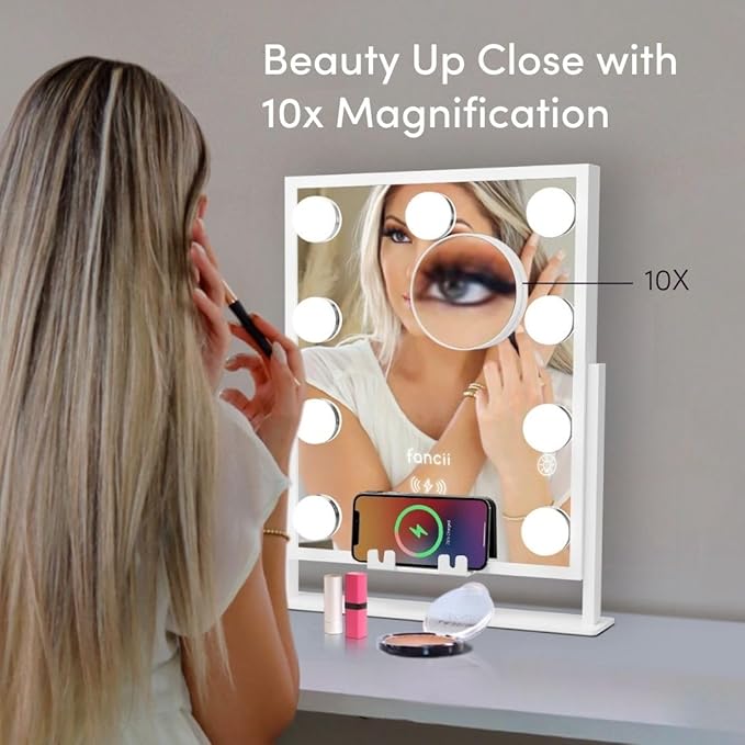 Fancii Vanity Mirror with Lights, BT Speaker, Wireless Charging - Detachable 10X Magnifying Mirror, 9 Hollywood Bulbs, LED Lighted Makeup Mirror with Phone Stand, 3 Color Modes, Adjustable Tilt