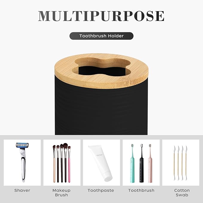 2 PCS Black Bathroom Accessories Set, Soap Dispenser and Toothbrush Holder Set, Plastics & Bamboo Bathroom Set, Bohemian Style Bathroom Sink Set