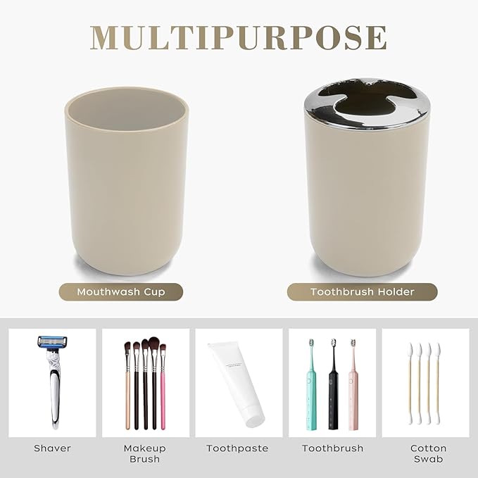 4 Pcs Beige Bathroom Accessories Set,Bohemian Bathroom Toothbrush Holder Set.Include Soap Dispenser, Soap Dish, Toothbrush Holder, Mouthwash Cup, Modern Bahtroom Decor Set