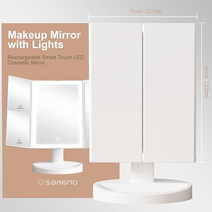 S'bagno LED Makeup Mirror with Lights, 1X/2X/5X Magnification, 3 Color Dimmable LED Modes, 270° Rotation, Trifold Vanity Mirror for Travel, Skincare & Grooming