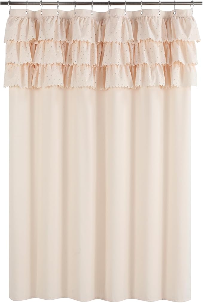Beige Ruffle Shower Curtain with Small Holes, Girls Women Fabric Shower Curtain with Delicate Handcrafted Ruffles, Waterproof Ruched Farmhouse Decorative Bathroom Curtain, 72" W x 72" H