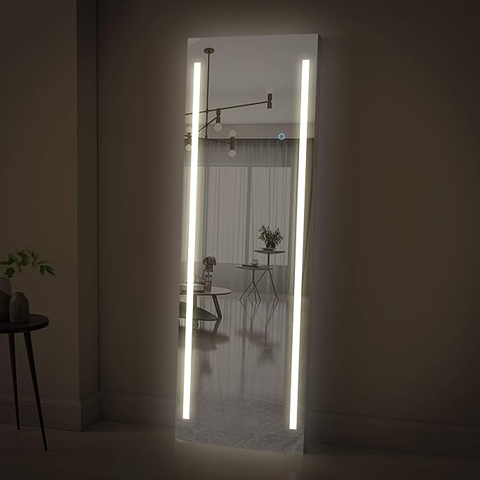 19x59 Inch Full Length LED Mirror for Bathroom with 3 Color Modes, Touch Dimmer - Free Standing or Wall Mount Lighted Vanity for Bedroom, Dressing Room - Fab Glass and Mirror