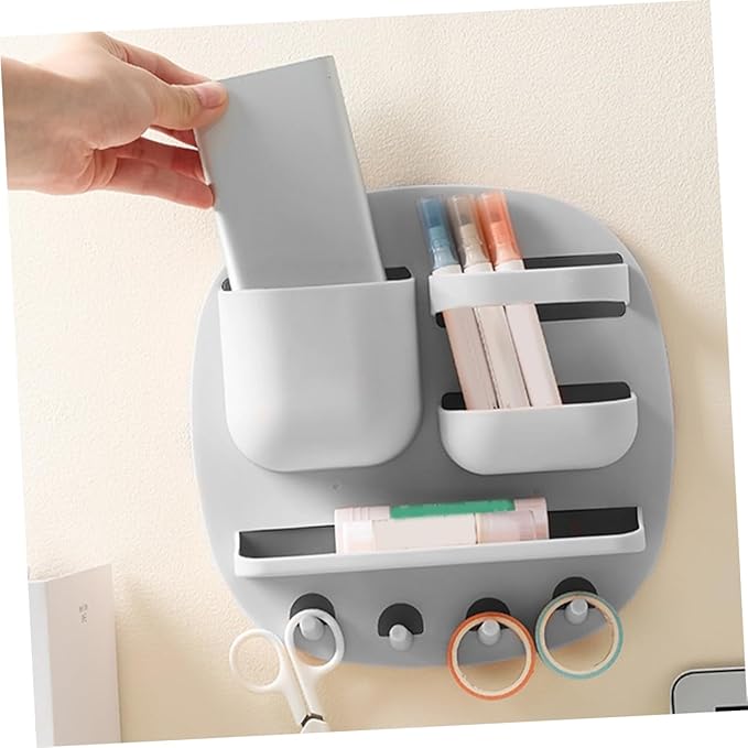 Alipis Remote Controller Stand Multi-Function Wall-Mounted Toiletries Shelf Three Compartments Storage Tray and Four Hooks for Bathroom Organization Easy Installation