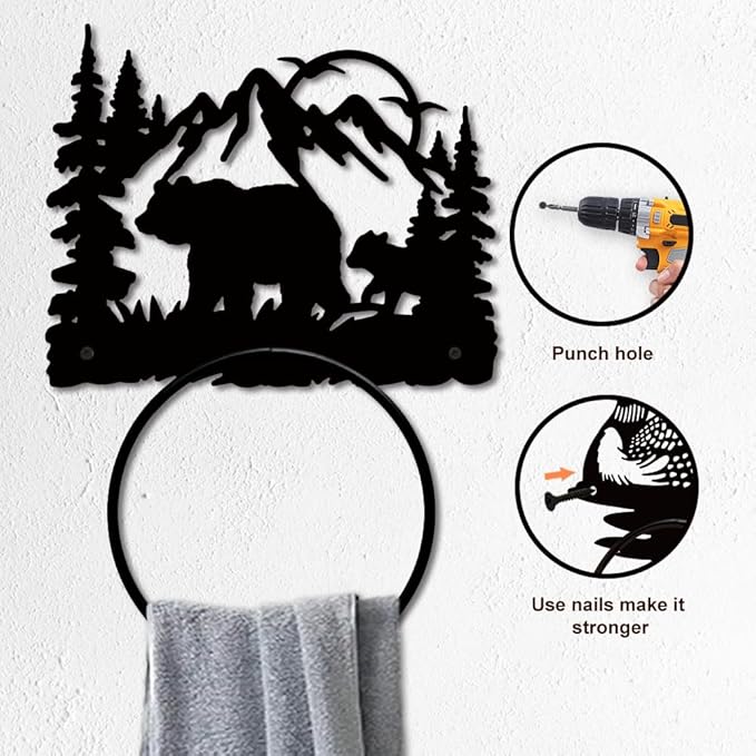 MAYJOYDIY Bear Forest Metal Towel Ring Animal Mountain Towel Holder Sun Bird Metal Bath Towel Ring Wall Mounted Black Art Towel Rack for Bathroom Accessories Wall Mounted Decoration