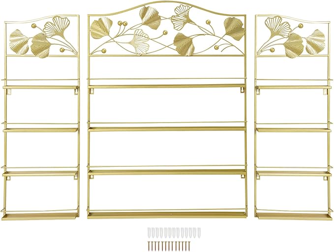 3Pcs Wall-Mounted Nail Polish Racks, 4-Tier Metal Makeup Display Wall Shelf Storage Organizer for Cosmetic Perfume Lipstick Home Spa Nail Salon (Gold)