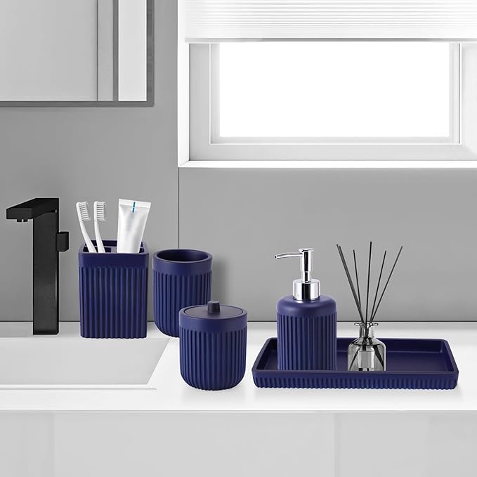 XLHOMO Resin Navy Blue Bathroom Accessories Set 5 Pcs, Lotion Soap Dispenser, Toothbrush Holder, Bathroom Tumbler, Qtip Holder and Vanity Tray, Bathroom Countertop Organizer Set for Modern Apartment