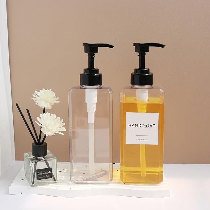 Clear Soap Dispenser with Waterproof Labels, Thickened Plastic Hand Soap Dispenser for Bathroom, Kitchen Dish Washing Liquid Bottles, Shampoo and Conditioner Bottles with Funnel (22oz 2Pack Clear)