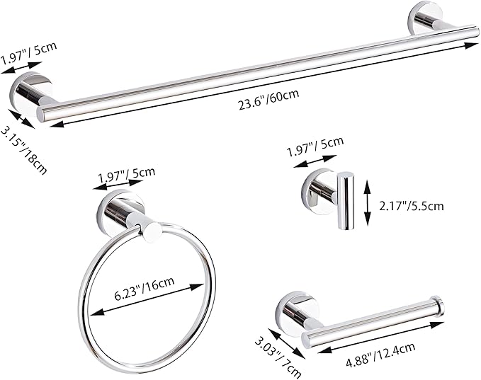 Chrome Bathroom Hardware Set 5 Piece with Towel Racks for Bathroom, SUS304 Stainless Steel Bath Towel Bar Set, 24 Inch Wall Mounted Accessories Kit…