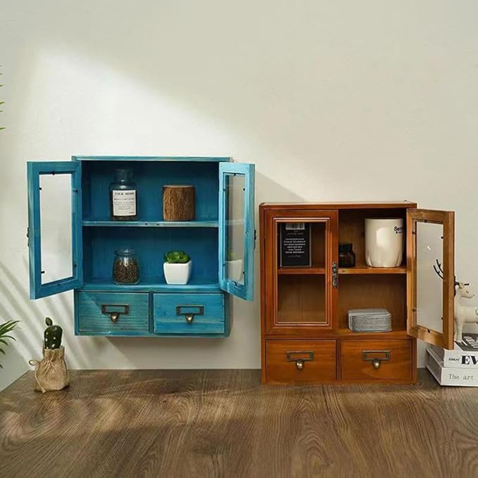 Rustic Vintage Mini Wood Counter Top Cabinet,Display Case with Organic Glass Door,Wall Storage Cabinet, that Sits on Countertop-Floating Shelf Organization12 x4.7"x14"(Blue)