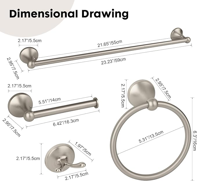 4-Piece Brushed Nickel Bathroom Hardware Accessories Set, 24 Inch Towel Bar, Towel Rack, Bathroom Towel Holder