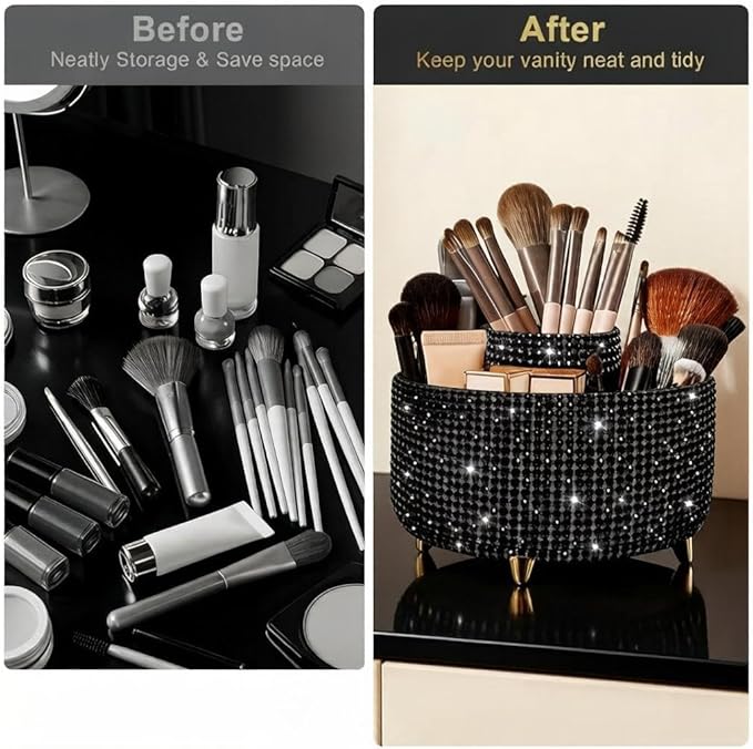 Bling Makeup Brush Holder,360° Rotating Makeup Brush Organizer,5 Slot Make up Brushes Cup for Cosmetics,Large Capacity,For Nail Polish, Art Supply, Bathroom Vanity,Cosmetics Organizer,Diamond Black