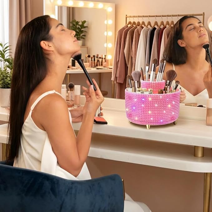 Bling Makeup Brush Holder,360° Rotating Makeup Brush Organizer,5 Slot Make up Brushes Cup for Cosmetics,Large Capacity,For Nail Polish, Art Supply, Bathroom Vanity,Cosmetics Organizer,Diamond Pink