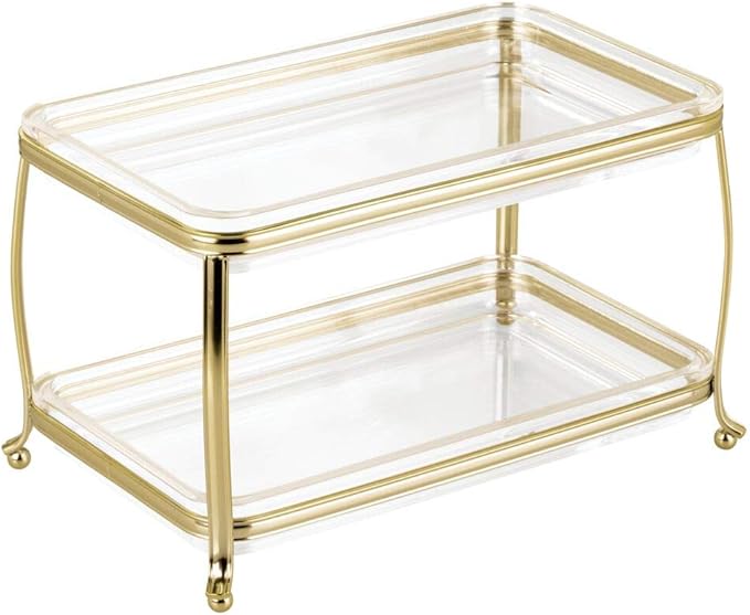 mDesign Decorative Makeup Storage Organizer Vanity Tray for Bathroom Counter Tops, 2 Levels to Hold Makeup Brushes, Eyeshadow Palettes, Lipstick, Perfume and Jewelry - Soft Brass/Clear
