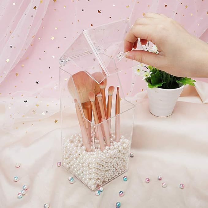 Eforcase Clear Acrylic Pencil Pen Holder Cup, Makeup Brush Organizer Flip Lid Dustproof Makeup Brush Holder Acrylic Desk Accessories