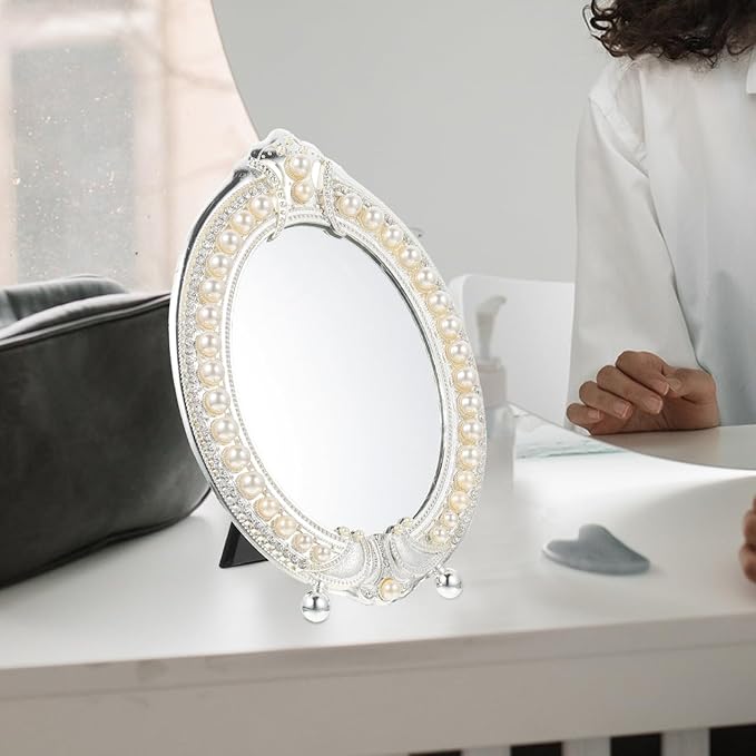 Hemoton Vintage Makeup Mirror with Retro Pearl Frame Desktop Vanity Mirror for Dressing Table High Definition Cosmetic with Stable Stand Elegant Room Decor
