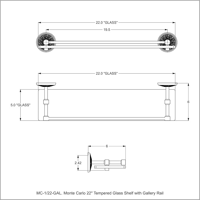Allied Brass MC-1/22-GAL-SHB Monte Carlo 22 Inch Tempered Glass Shelf with Gallery Rail, Shaded Beige