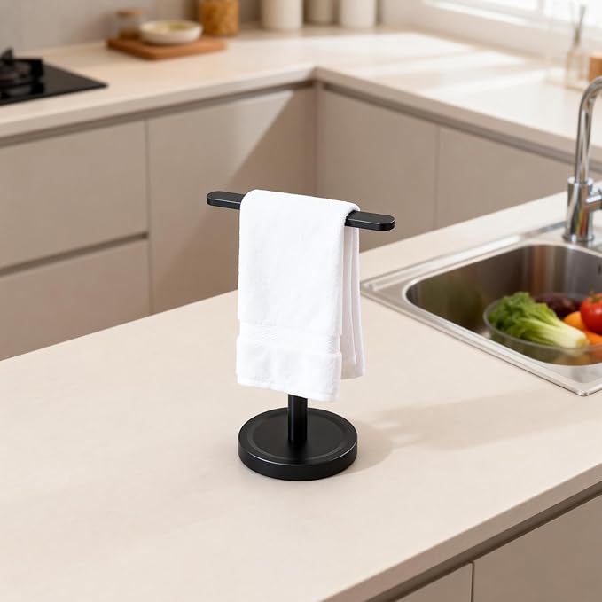 Heavy Duty Hand Towel Holder Stand, Stainless Steel Hand Towel Holder Rack for Bathroom Countertop, Weighted Base T-Shape Free Standing Towel Bar for Bathroom Kitchen Vanity Countertop, Matte Black