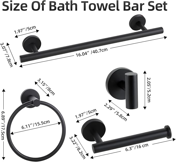 Matte Black Bathroom Hardware Set, Bathroom Towel Holder Bar Set 10 PCS, SUS304 Stainless Steel Towel Rack Set for Bathroom-16 Inch Towel Bar, Toilet Paper Holder, Towel Hooks, Towel Ring