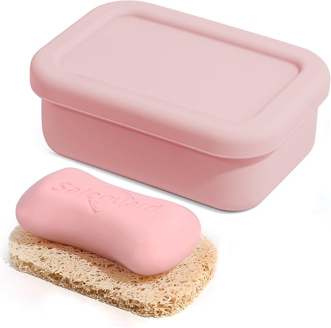 Leak Proof Silicone Travel Soap Case with Draining Tray - Bar Soap Holder for Travel, Gym & Camping - Mess-Free Portable Soap Container for Carry-on Bags (Light Pink)