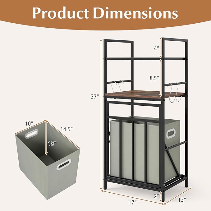 Giantex Tilt out Laundry Hamper, Space Saving Bathroom Storage Cabinet with Removable Basket, 2 Open Shelves & 4 Side Hooks, Hidden Laundry Organizer for Dirty Clothes, Laundry Room, Bedroom