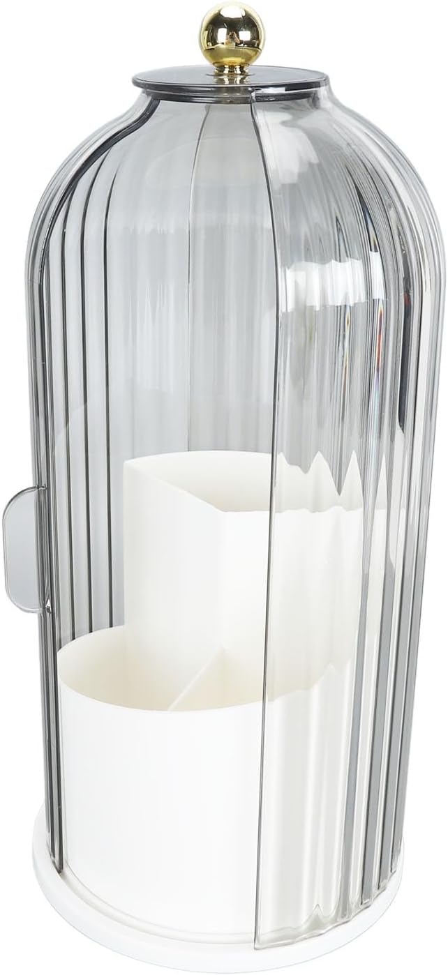 PerGar Makeup Brush Holder, Makeup Brush Holder Organizer, 360 Rotating Clear Dustproof Makeup Brushes Organizer, Makeup Brush Holder Organizer with Lid for Vanity Desktop (White Base