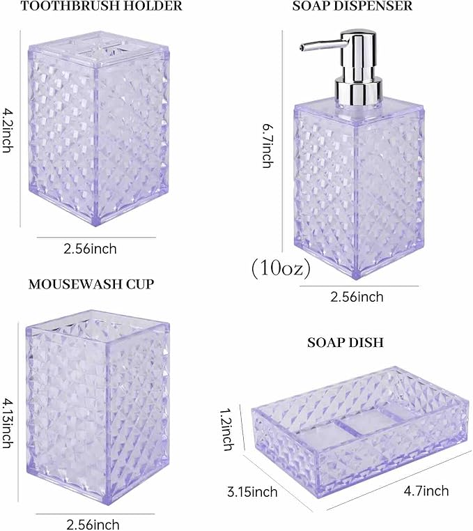 Bathroom Accessory Set, 4 Pcs Plastic Bathroom Set Include Soap Dispenser, Soap Dish, Toothbrush Holder, Mousewash Cup, Modern Bahtroom D??cor Set, Space Save for Bathroom(Light Purple)