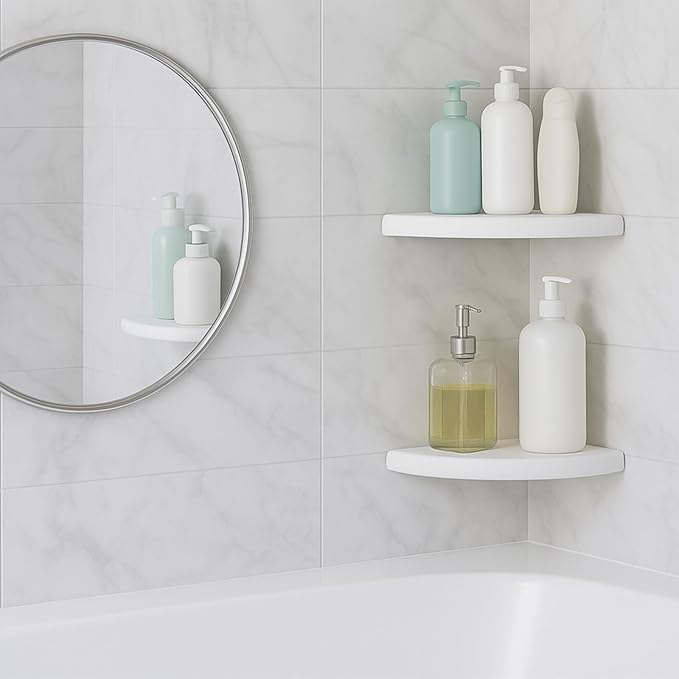 Chunful 2 Pcs White Marble Corner Shower Shelf for Bathroom 9 x 9 Inch Wall Mounted Both Sides Polished Marble Corner Shelves Shower Caddy for Bathroom Wall(Classic)
