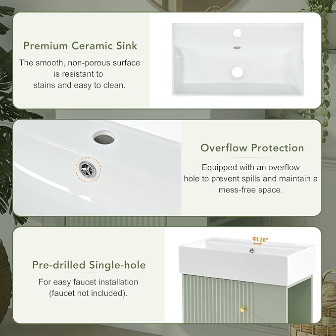 Virubi 21.6 in Floating Bathroom Vanity with Sink,Soft Closing Doors,Solid Wood Frame & MDF Modern Single Small Green Bathroom Vanity Cabinet with Open Shelf,Wall Mounted