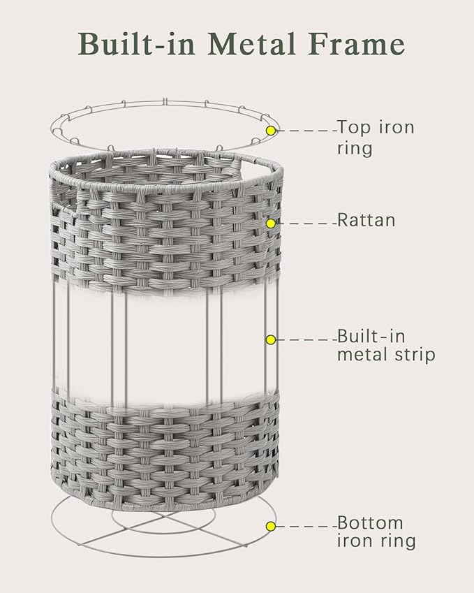 SETVSON Laundry Basket Round Rattan Laundry Hamper 29.1 Gal(110 L) Handwoven Large Wicker Basket with Handles, Wicker Hamper with Removable Bags and 2 Mesh Bags for Bathroom Living Room Gray(No Lid)