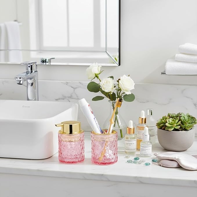 Bathroom Accessories Set 2pcs Glass Foaming Soap Dispenser and Toothbrush Holder for Bathroom Countertop, Pink Glass Bathroom Assessory Set with Gold Decor