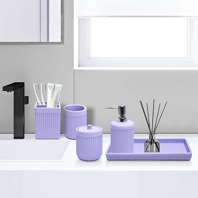 XLHOMO Resin Light Purple Bathroom Accessories Set 5 Pcs, Lotion Soap Dispenser, Toothbrush Holder, Bathroom Tumbler, Qtip Holder and Vanity Tray, Bathroom Countertop Organizer Set for Home Apartment