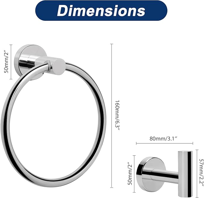 NearMoon 3 Pieces Bathroom Hardware Set, Bath Towel Ring and 2 Towel Hooks- Stainless Steel Hand Towel Hanger and Robe Hooks Accessories, Wall Mounted (Chrome Finish)