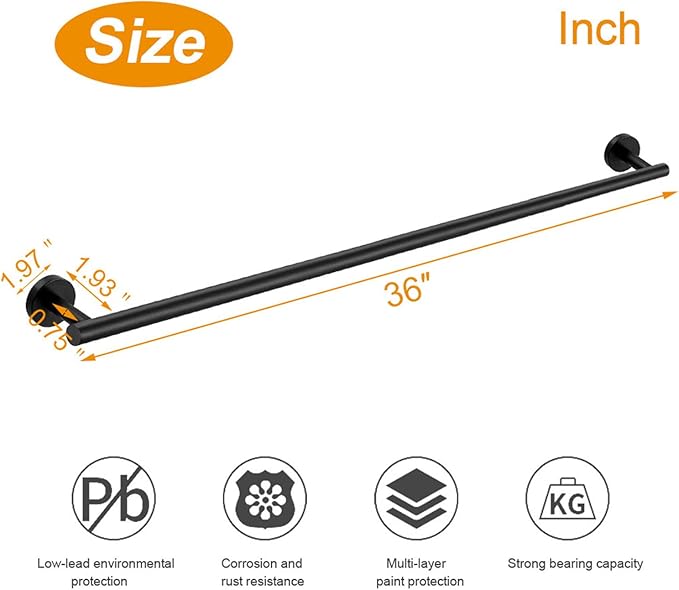 TocTen Bath Towel Bar - Thicken SUS304 Stainless Steel Bathroom Towel Holder, Towel Rod for Bathroom Heavy Duty Wall Mounted Towel Rack Hanger (36IN, Matte Black)