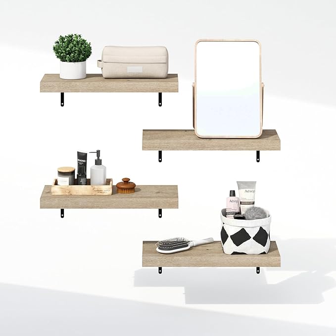 Furinno Tanna Floating Shelves for Wall Set of 4, 22-Inch Bathroom Wall Shelf, Wall Mounted Shelf, for Bathroom Organizers and Storage, Living Room, Natural
