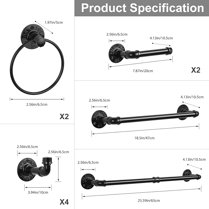 Industrial Bathroom Hardware Set 10 Pieces Bath Towel Bar Set Includes Round Towel Ring Hand Toilet Roll Holders for Wall 18 and 25 inch Towel Rack Robe Towel Hooks Black Bathroom Accessory Towel Kit