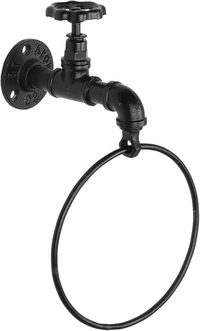 MyGift Hand Towel Holder Ring, Bath Towel Hanging Rack Wall Mounted, Industrial Bathroom Accessories, Farmhouse Decor, Faucet Pipe Metal Black