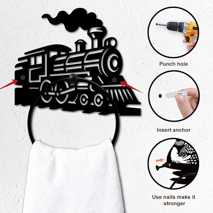 MAYJOYDIY Train Metal Towel Ring Round Vintage Train Hand Towel Holder Ring Hanger Black Vintage Towels Wall Organizer for Kitchen Bath Home Laundry Room Decors Gifts